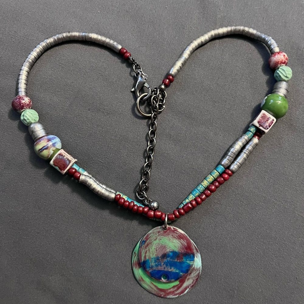 Talbots Colorful Beaded Necklace with Pendant boho bohemian mixed media